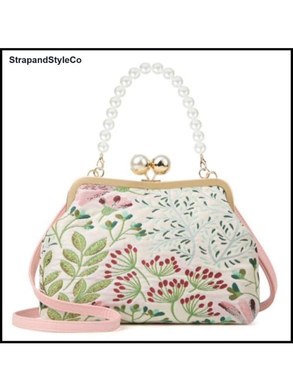 Vintage Floral Embroidered Canvas Crossbody Clutch Pearl Chain Kiss Lock Purse